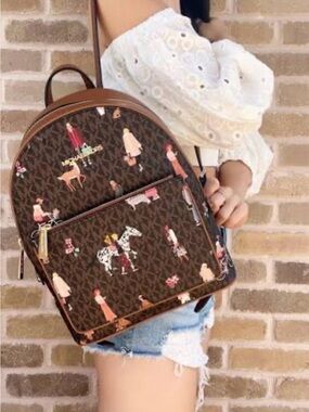 Michael Kors Brown Printed Logo Medium Backpack